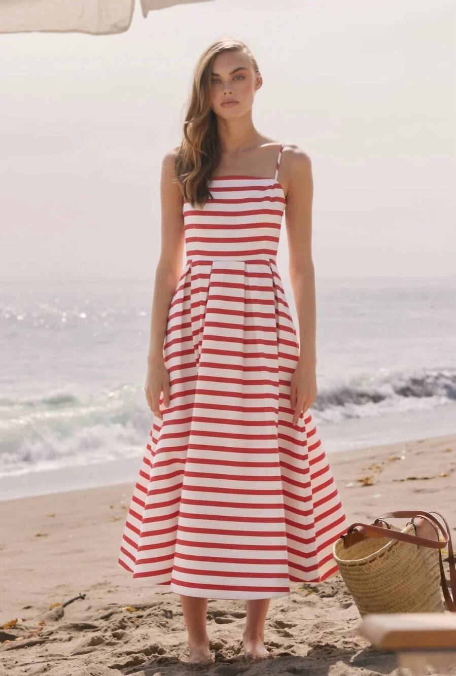 NEW ENGLISH FACTORY women's striped pleated midi dress in red